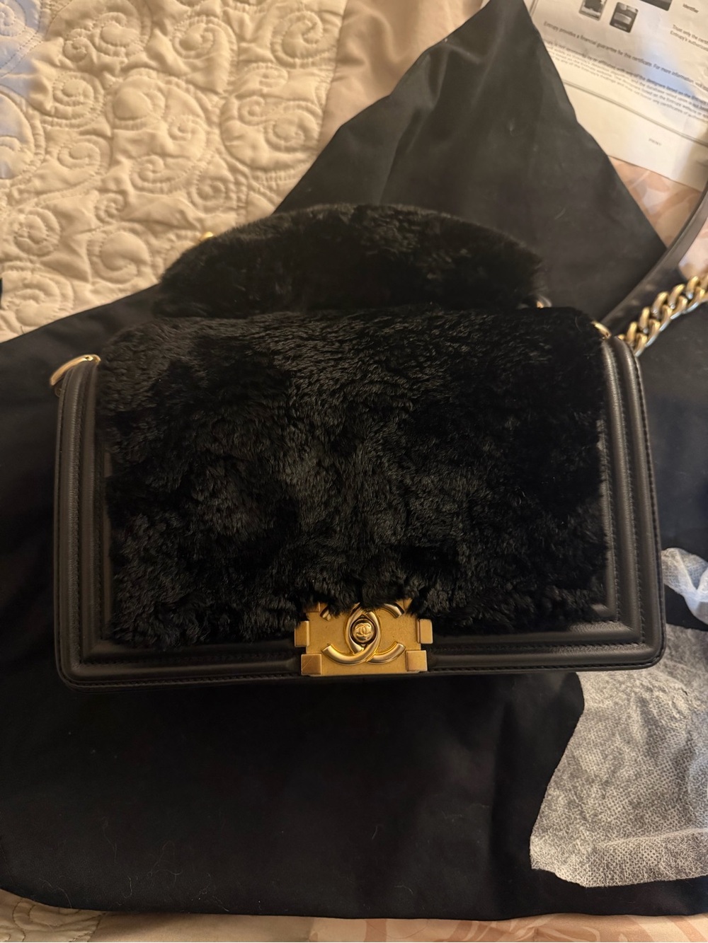 CHANEL Black Faux Fur Boy Shoulder Bag with Gold Hardware